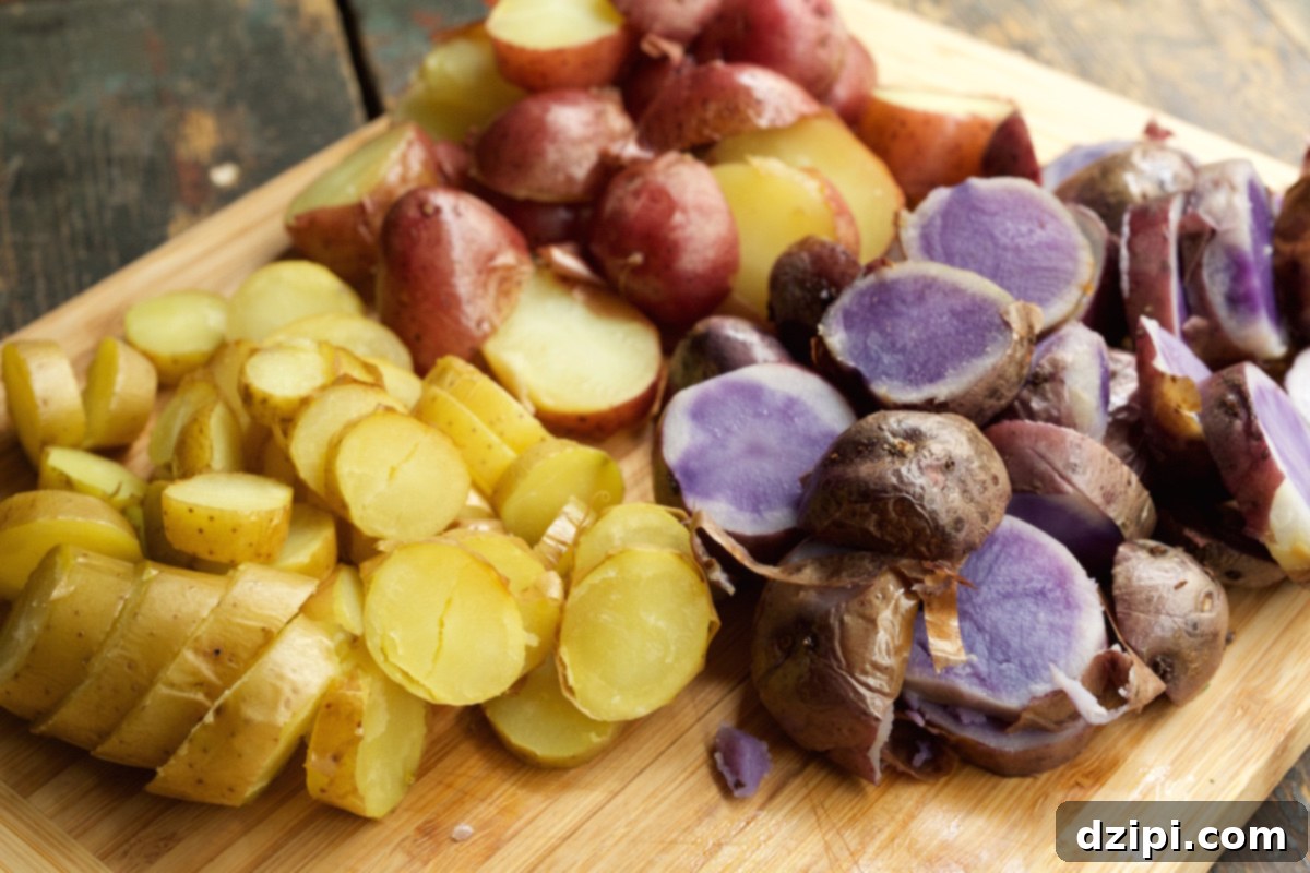 A cutting board showcasing an array of sliced yellow, red, and purple potatoes, ready for roasting.