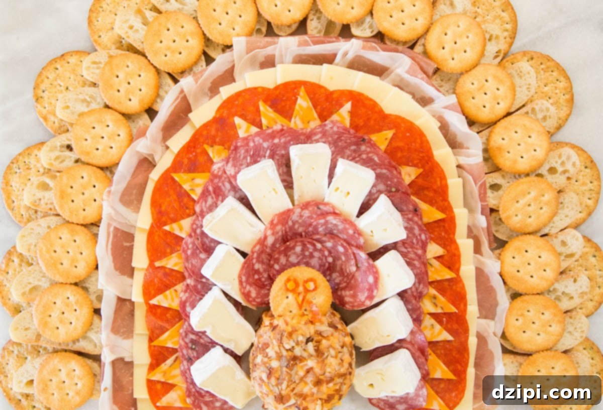 A festive Thanksgiving Turkey Charcuterie Board, brimming with an assortment of meats, cheeses, and crackers arranged in the shape of a turkey.