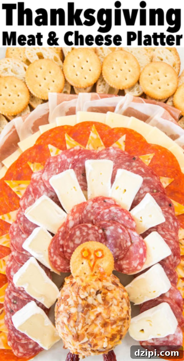 A charming turkey-shaped charcuterie board featuring a central cheese ball, fanned sliced meats and cheeses, and cracker 