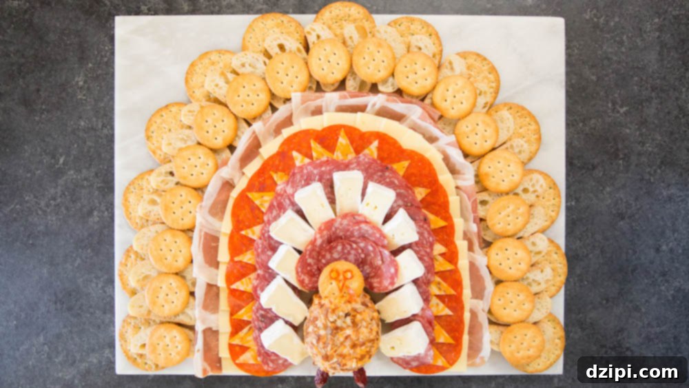A broad view of the complete Thanksgiving turkey charcuterie board, ready to be served.