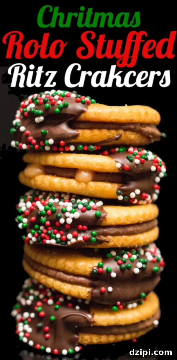 A stack of golden Ritz crackers, each filled with a melted Rolo candy, dipped in rich chocolate, and generously decorated with vibrant Christmas sprinkles.