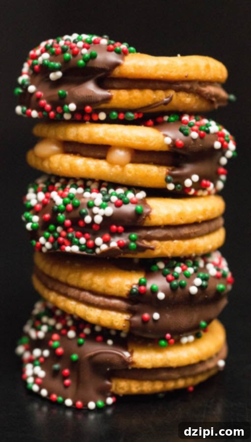 A beautifully presented tall stack of festive Christmas Rolo Ritz Crackers, ready to be enjoyed as a holiday treat.