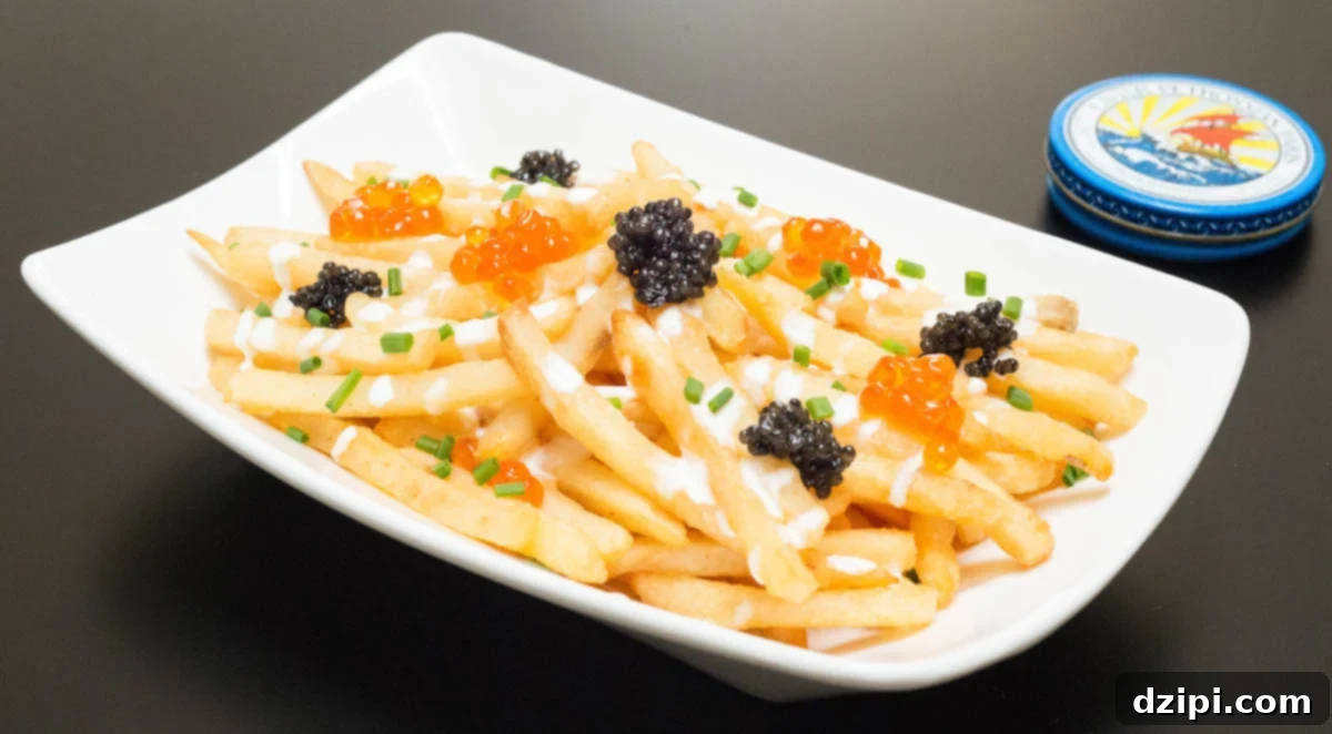 A white serving dish with Caviar French Fries in front of a tin of caviar, symbolizing luxury and indulgence.