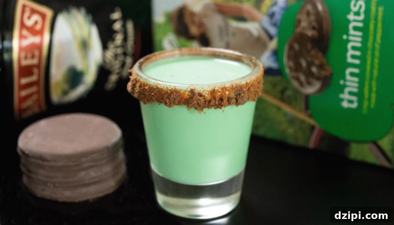 Decadent Thin Mint Shooters 2 Delicious Thin Mint Shots garnished with chocolate and crushed Thin Mints