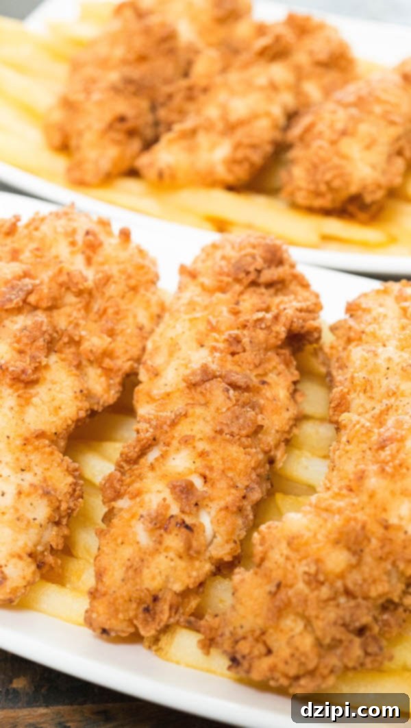 Golden brown buttermilk chicken tenders nestled on a bed of crispy french fries in a rustic metal basket.