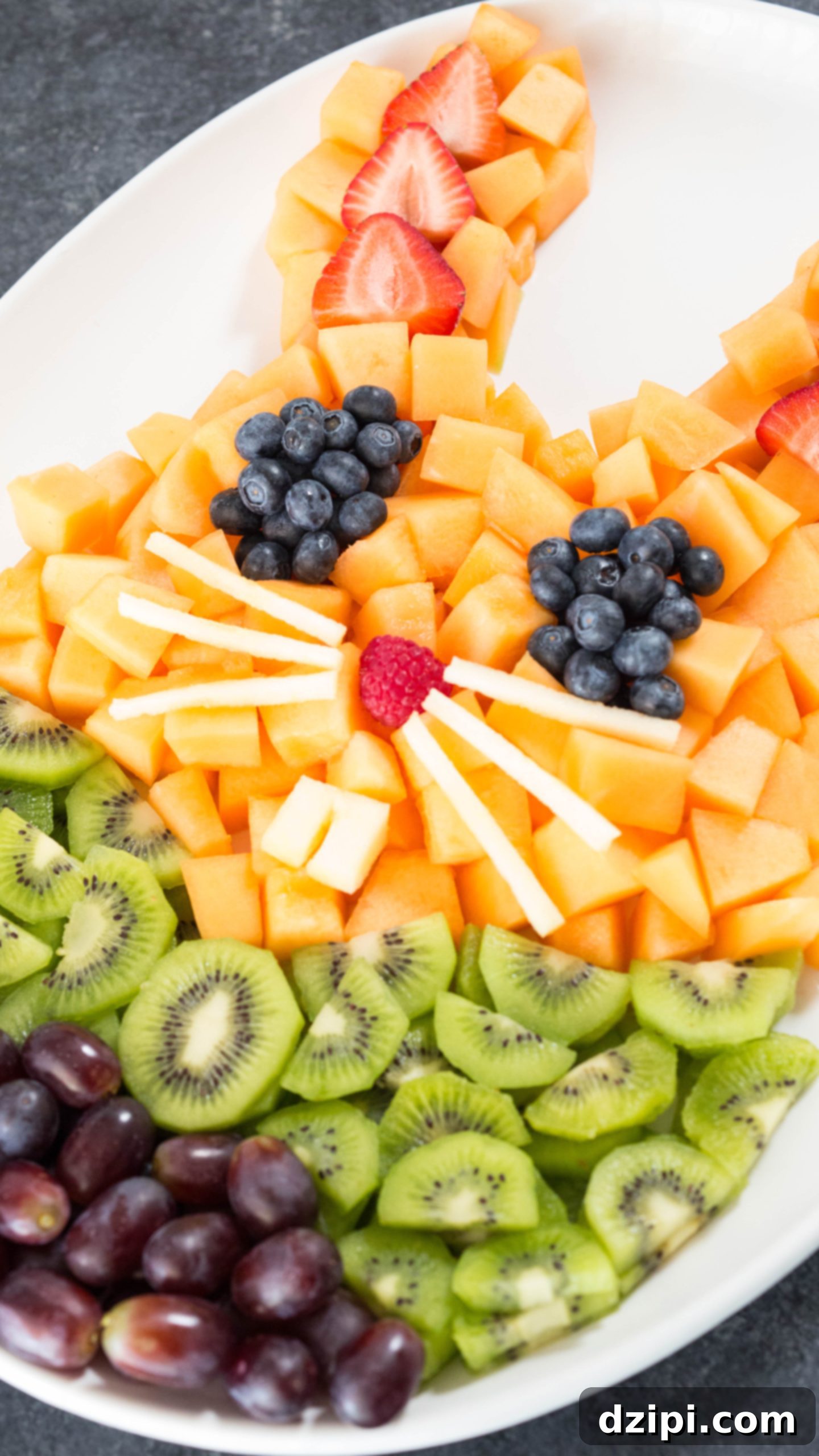 Close-up of the Easter Bunny Fruit Tray, showcasing the fresh, colorful fruits arranged creatively.
