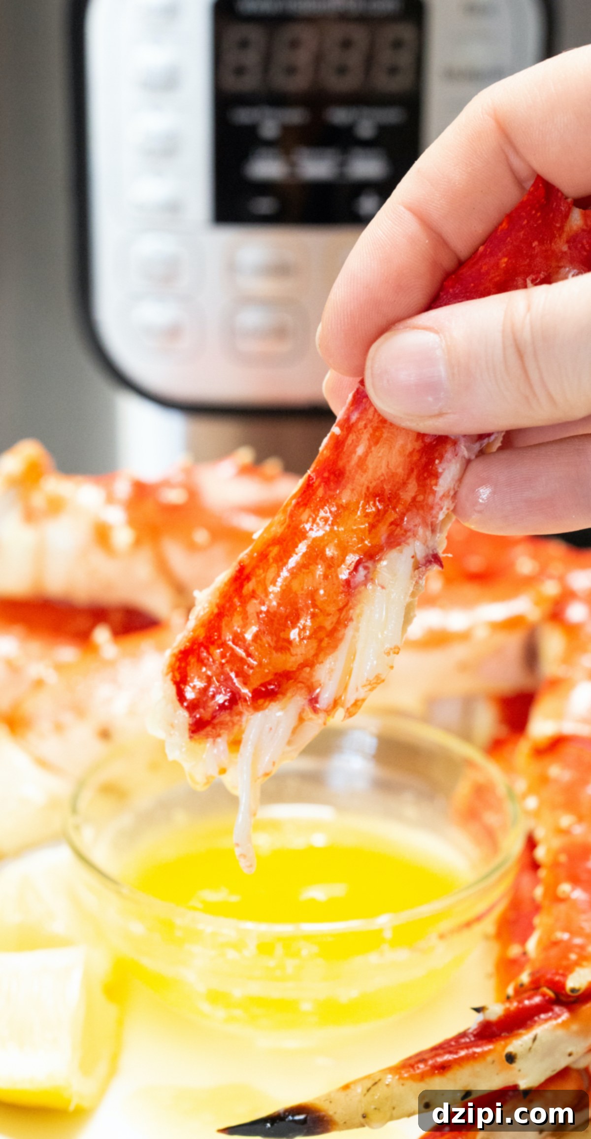 Succulent crab leg meat is being dipped into a small bowl of melted butter, with an Instant Pot in the background.
