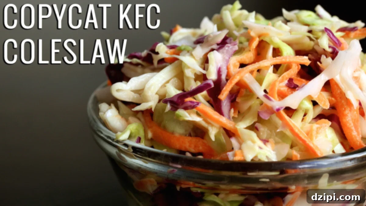 A small glass bowl filled with coleslaw on a black background. Text reads 'Copycat KFC Coleslaw'.