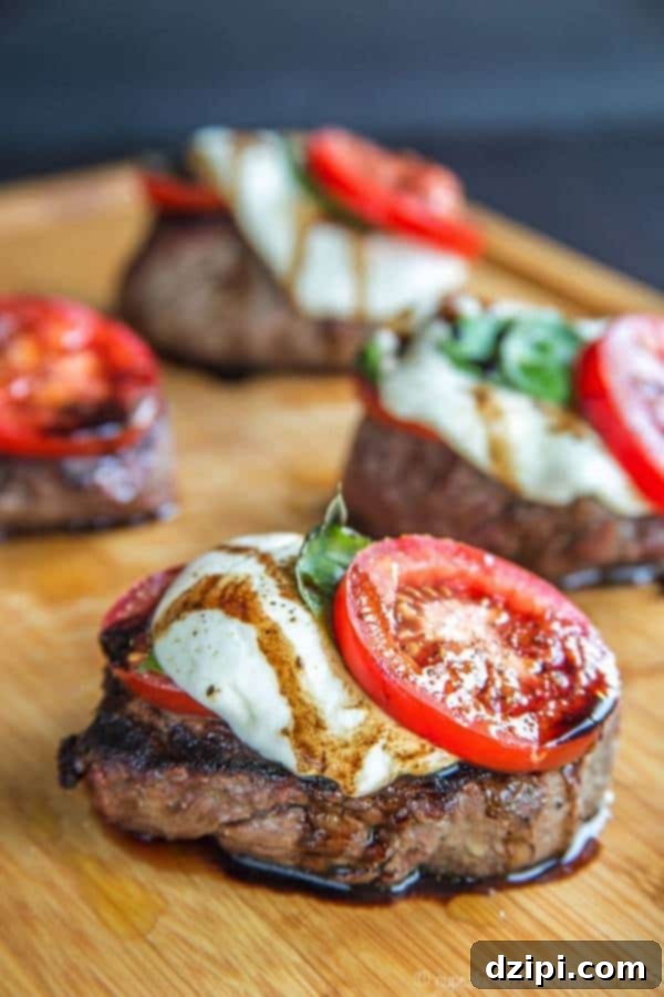 Sun-Kissed Grill Feasts 8 Grilled Caprese Fillet Mignon - Elegant grilled beef with classic Caprese flavors
