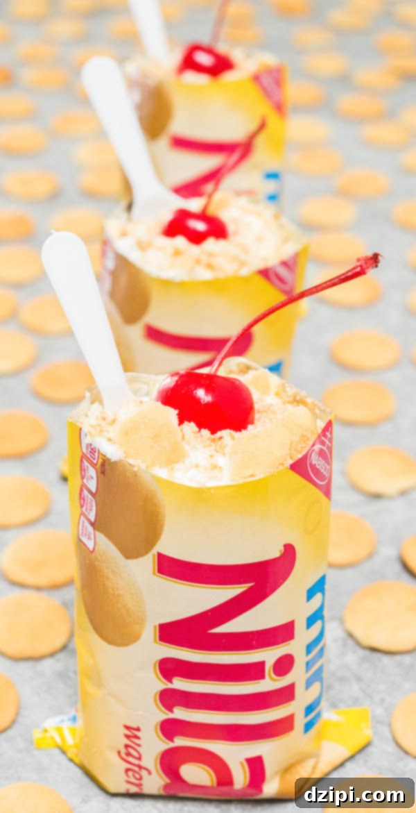 Three perfectly assembled bags of mini Nilla wafers filled with layers of creamy Walking Banana Pudding, arranged for easy grabbing.