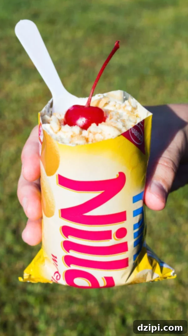 A hand holds up a Portable "Walking" Banana Pudding in a Nilla Wafers Bag against a blurred backyard background, highlighting its portability.