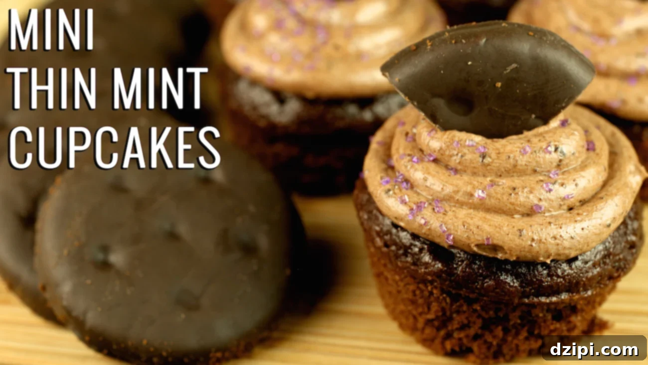 A small chocolate cupcake with chocolate icing sits next to Thin Mint cookies. Text reads 'Mini Thin Mint Cookies Cupcakes'.
