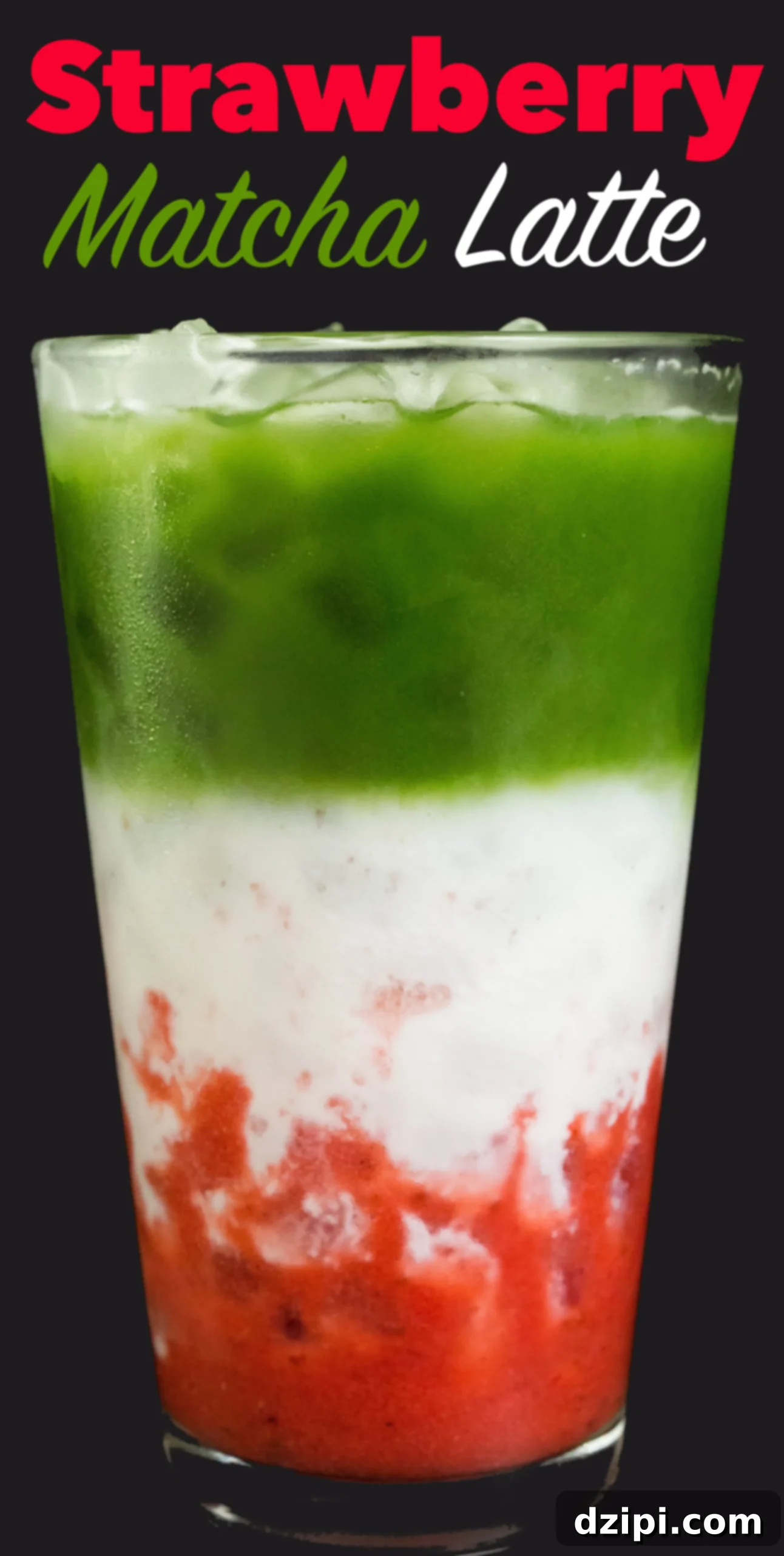 A beautifully layered Iced Strawberry Matcha Latte with stylish text overlay reading "Strawberry Matcha Latte".