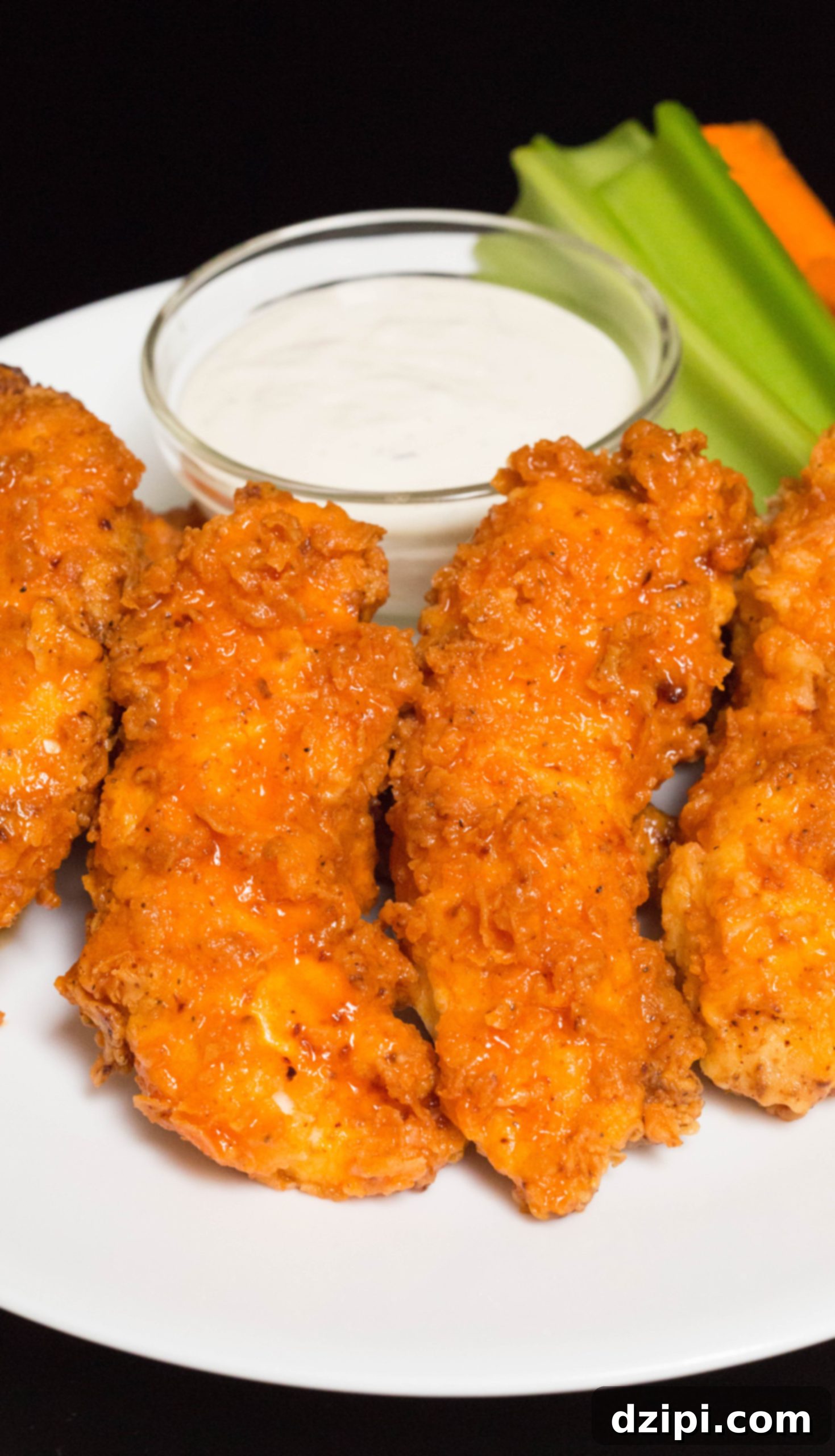 A plate with homemade Buffalo Chicken Tenders, served with creamy ranch, crisp celery sticks, and fresh carrot sticks.