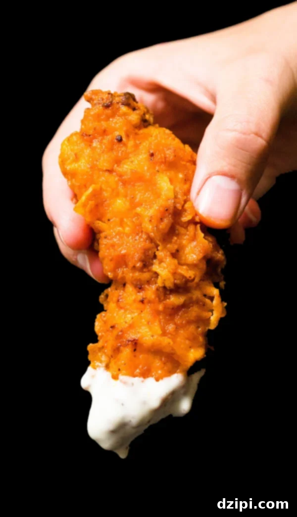 A close-up shot of a hand dipping a perfectly golden and saucy homemade buffalo chicken tender into creamy ranch sauce, against a sleek black background.